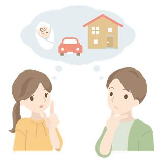 赤ちゃん・車・家を思い浮かべながら話し合う夫婦のイラスト